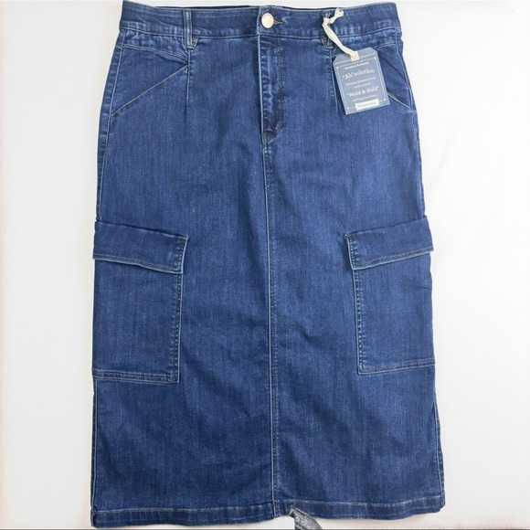 NWT Democracy 90’s Dark Denim Powermesh Cargo Stretch Support Midi Skirt (16) - Picture 3 of 14